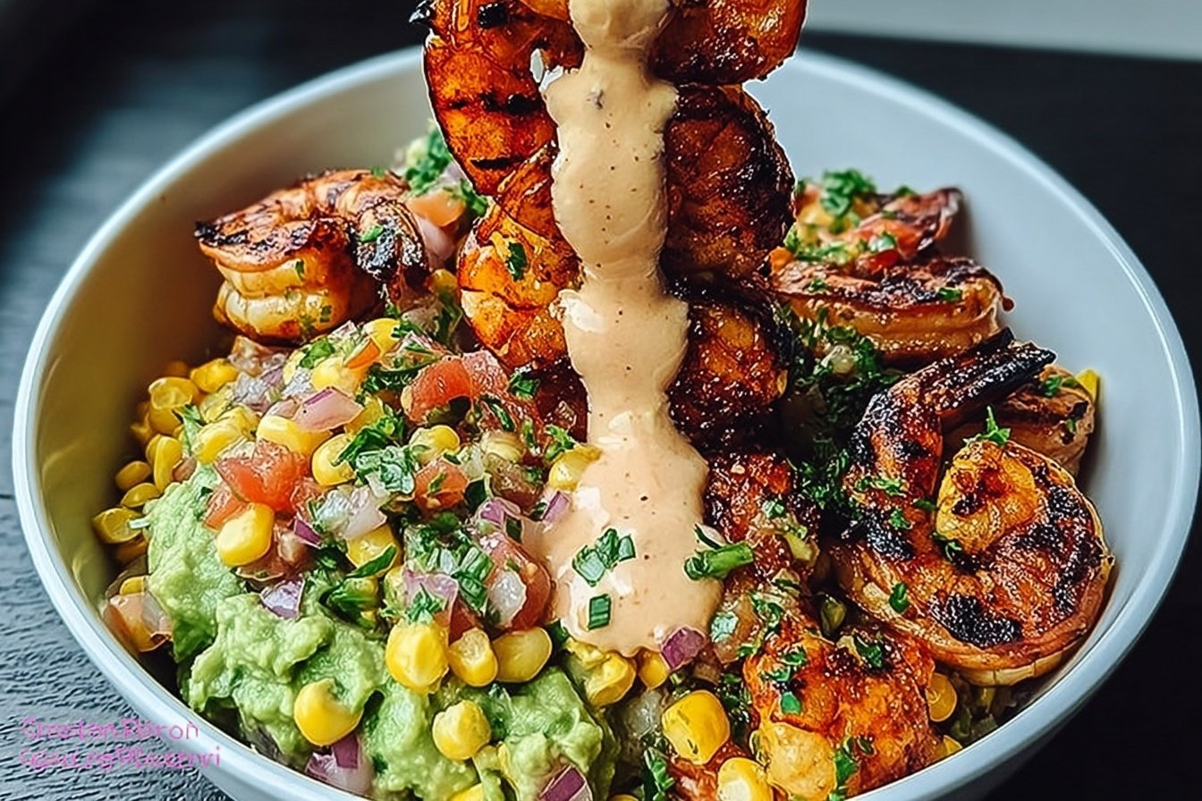 Grilled Shrimp Bowl With Avocado, Corn Salsa & Creamy Sauce